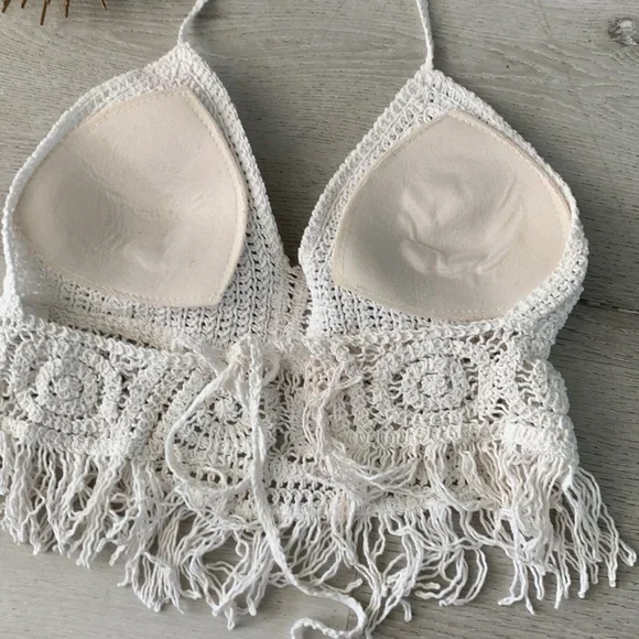 Fringe Hem Crocheted Halter Top size S‎ Bohemian romantic festival summer hippie - Picture 7 of 11